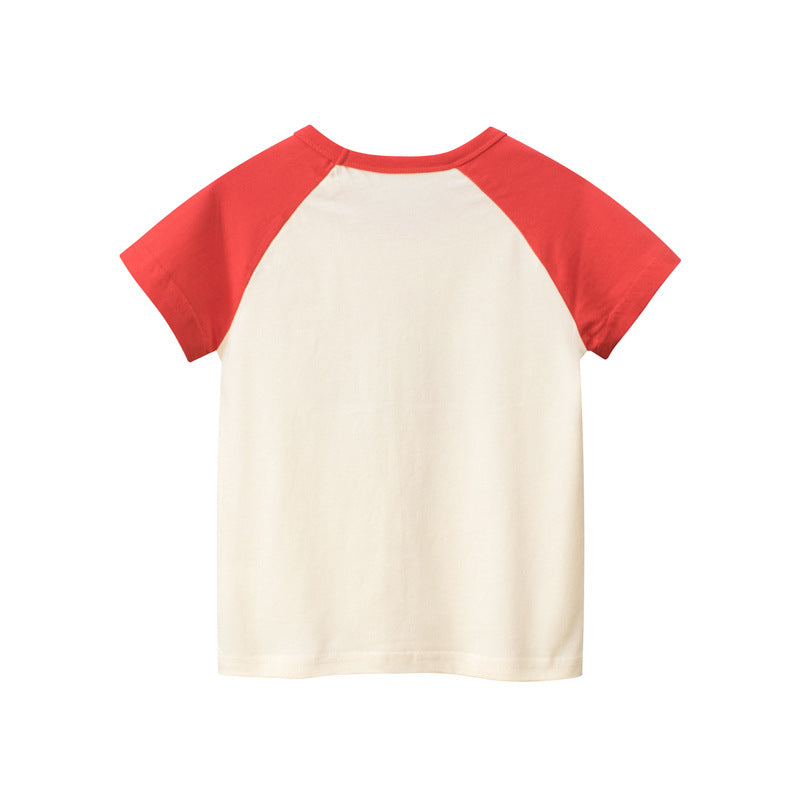A vibrant red baby top featuring a cute cartoon graphic, perfect for summer wear.