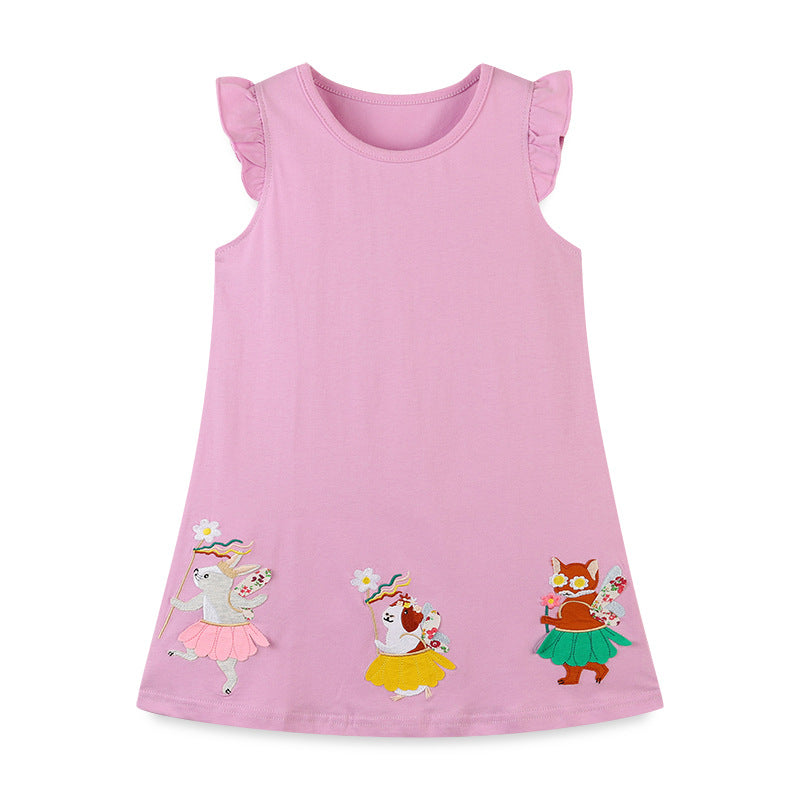 A cute baby girl wearing a pink sleeveless summer dress with cartoon patches, perfect for summer outings.