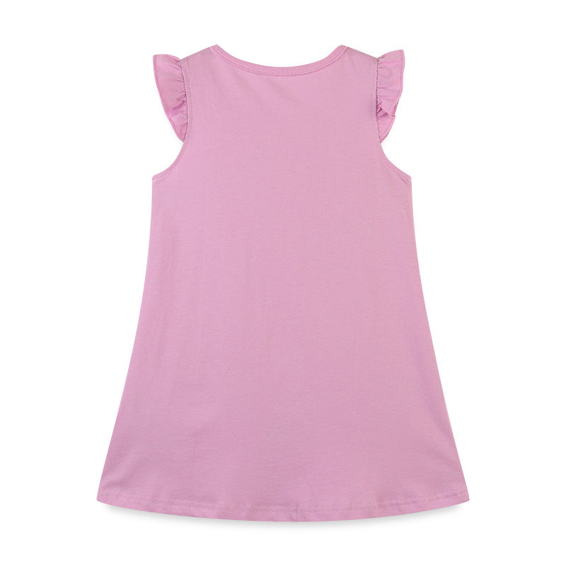 A cute baby girl wearing a pink sleeveless summer dress with cartoon patches, perfect for summer outings.