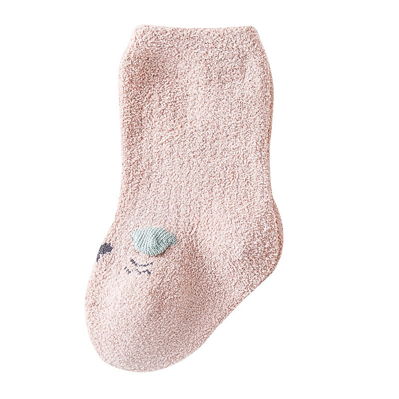 Baby Cartoon Pattern Coral Fleece Mid-Tube Socks in various colors with cute designs, perfect for keeping little feet warm.