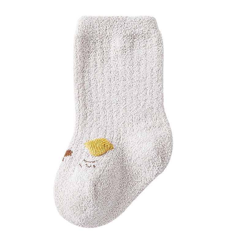 Baby Cartoon Pattern Coral Fleece Mid-Tube Socks in various colors with cute designs, perfect for keeping little feet warm.