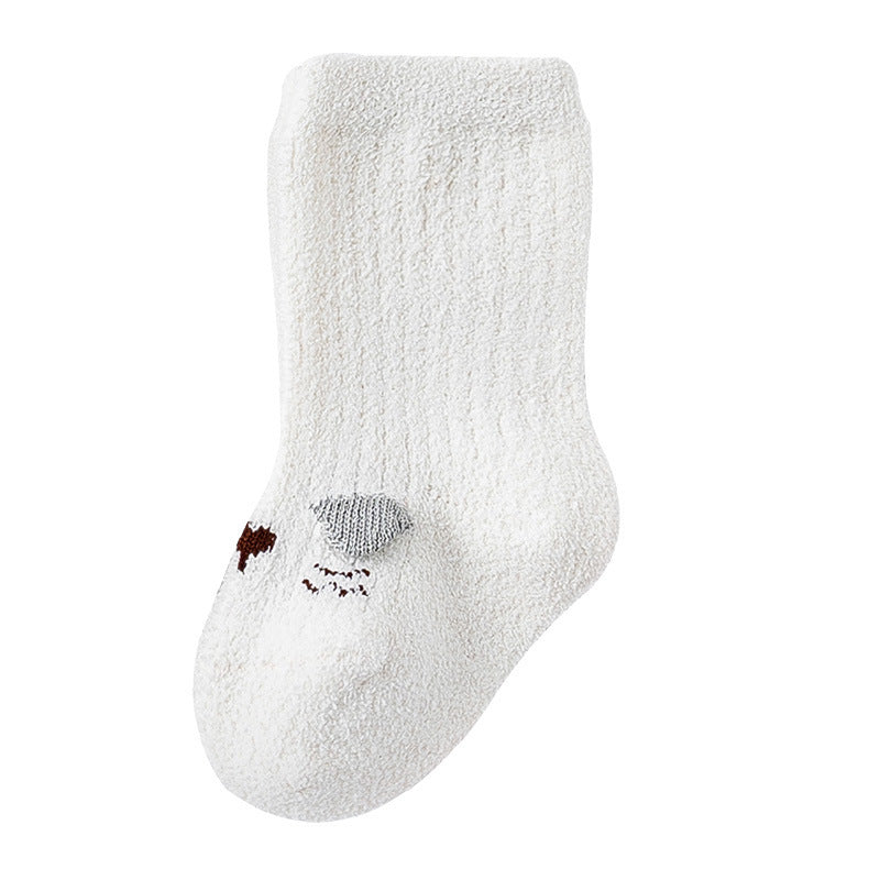 Baby Cartoon Pattern Coral Fleece Mid-Tube Socks in various colors with cute designs, perfect for keeping little feet warm.