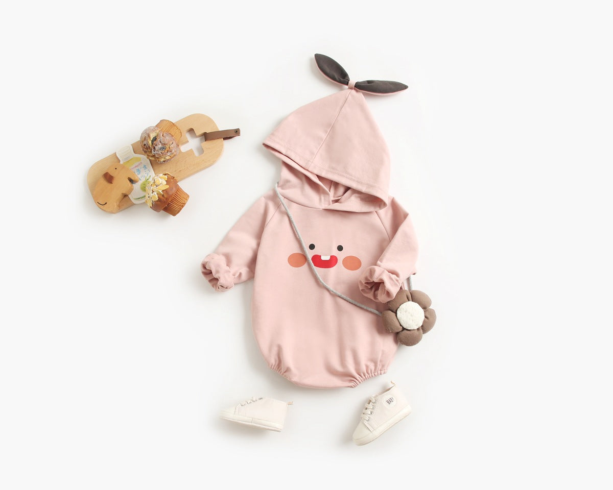Bright and cozy baby onesie featuring a playful cartoon pattern and a matching hat, perfect for stylish comfort.