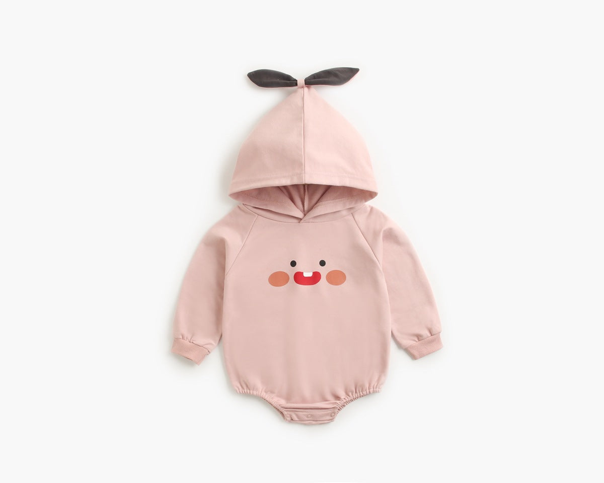Bright and cozy baby onesie featuring a playful cartoon pattern and a matching hat, perfect for stylish comfort.