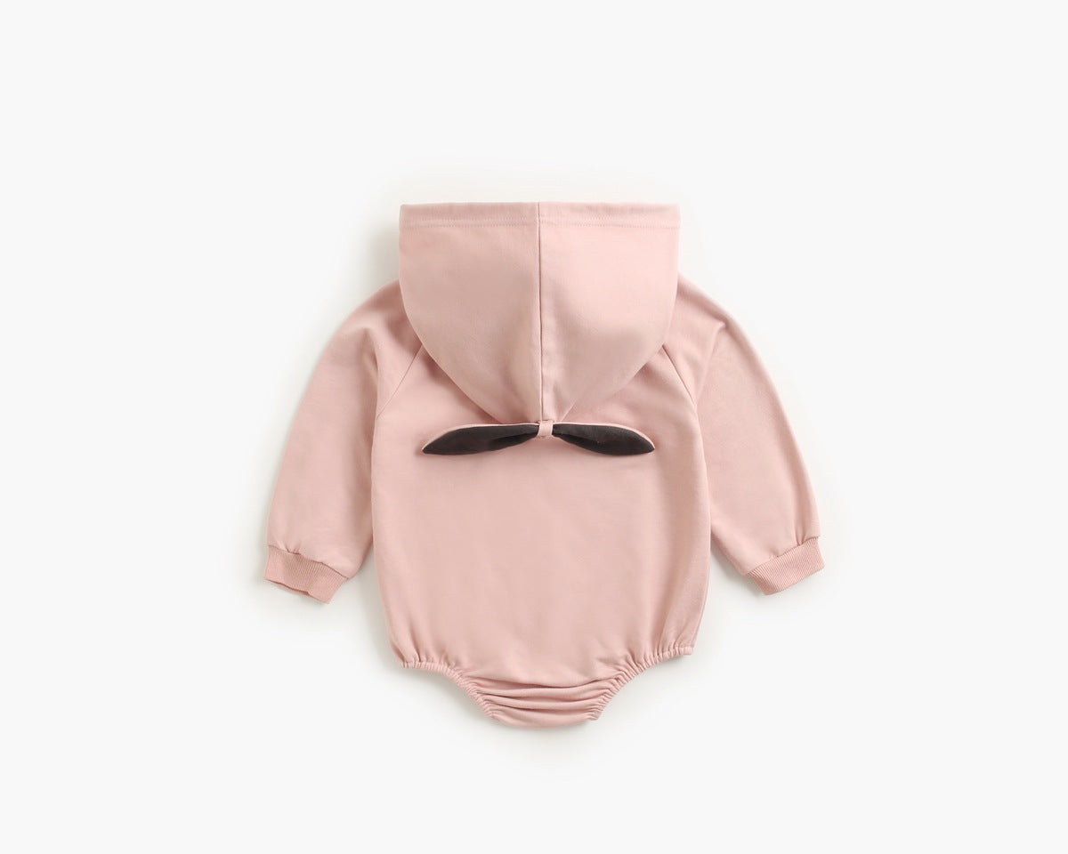 Bright and cozy baby onesie featuring a playful cartoon pattern and a matching hat, perfect for stylish comfort.