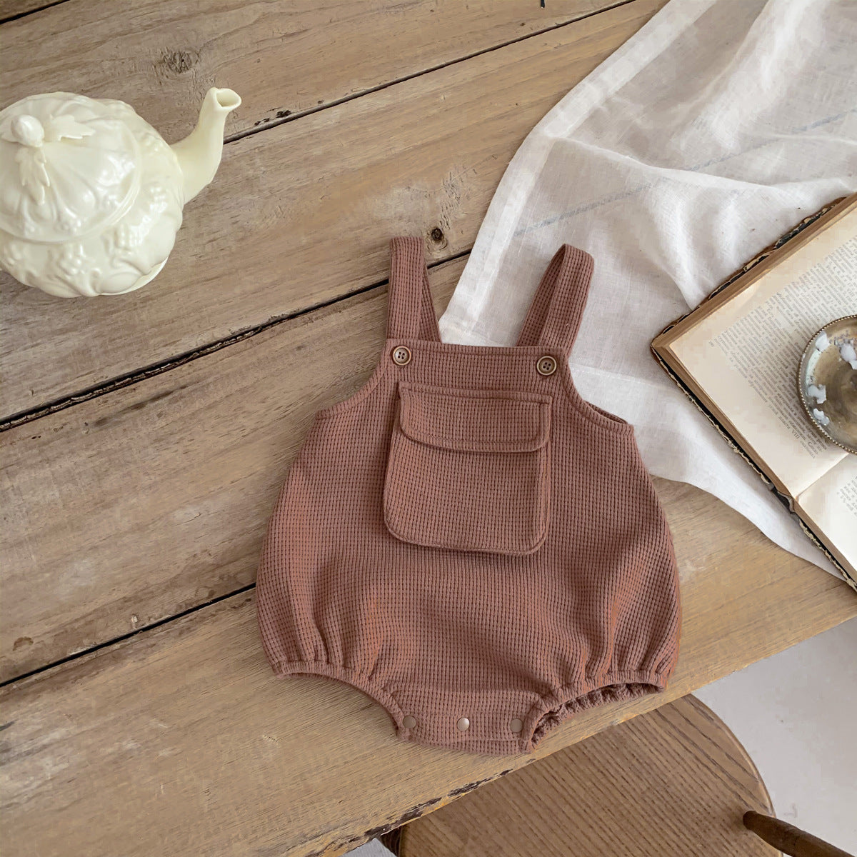 Baby Cartoon Print Tops with Waffle Fabric Strap Onesies Sets in various colors, showcasing vibrant cartoon designs and soft cotton material.