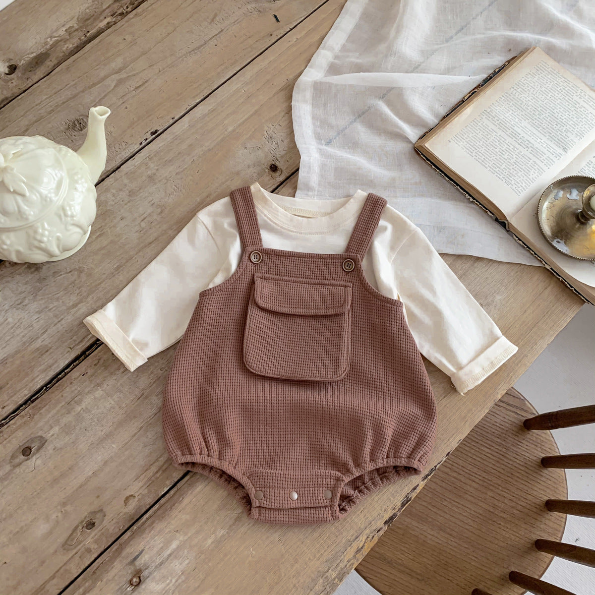 Baby Cartoon Print Tops with Waffle Fabric Strap Onesies Sets in various colors, showcasing vibrant cartoon designs and soft cotton material.