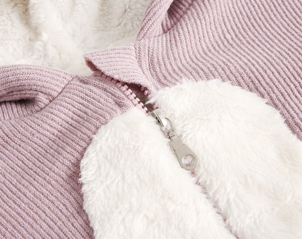 A soft fleece baby romper featuring a playful cartoon shape design, available in black, pink, and brown colors, perfect for autumn and winter.