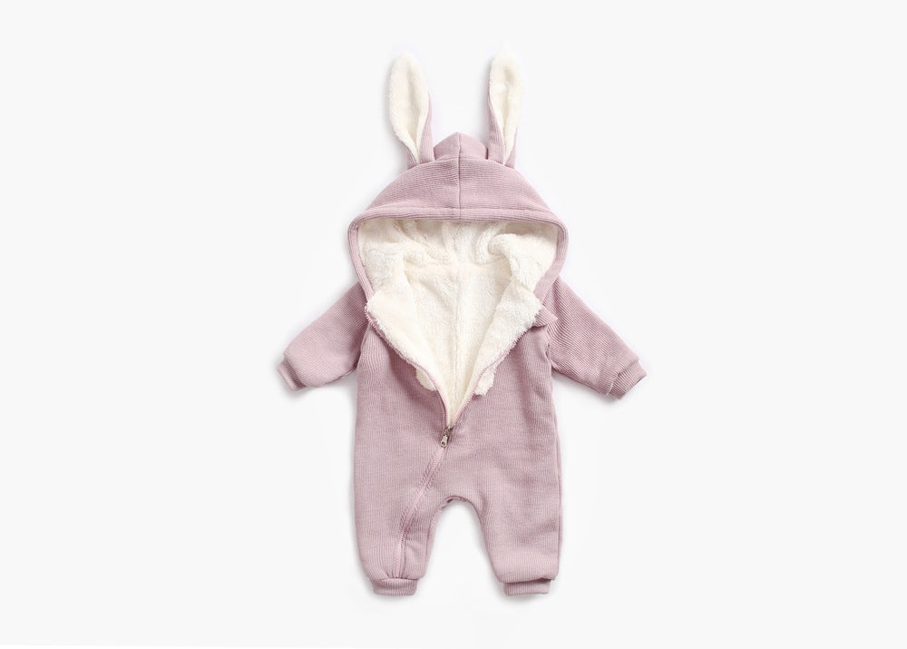 A soft fleece baby romper featuring a playful cartoon shape design, available in black, pink, and brown colors, perfect for autumn and winter.