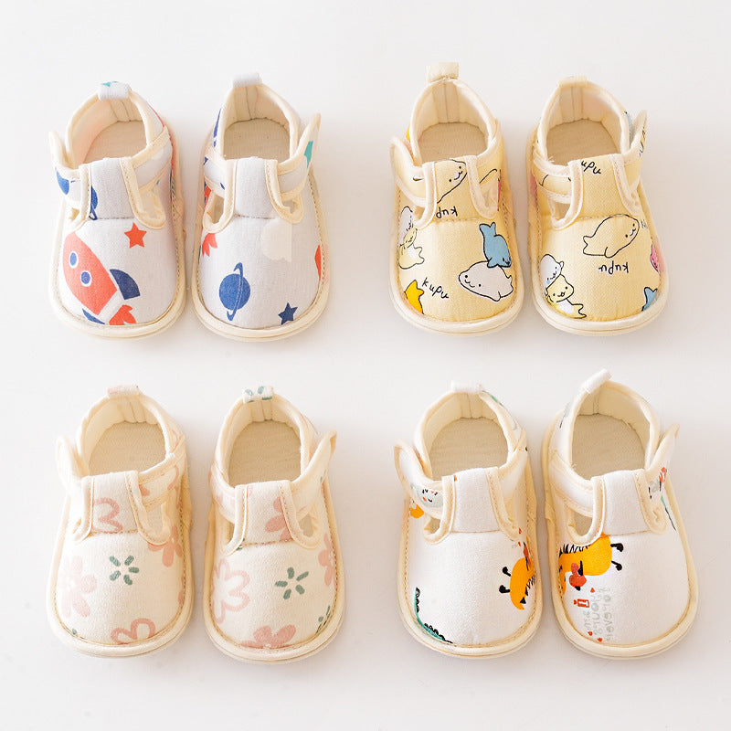 Colorful Baby Cartoon Soft Antiskid Shoes with hook and loop closure, featuring floral and animal patterns, suitable for toddlers.