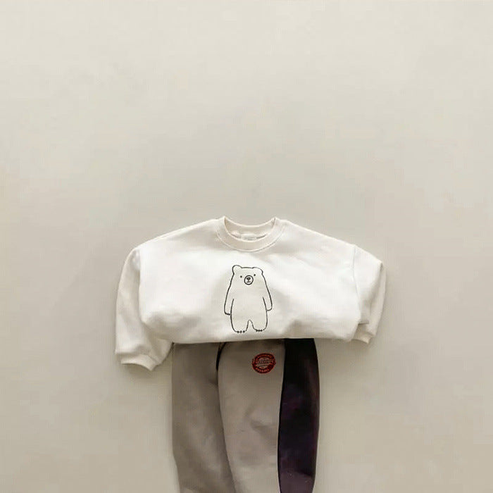 A stylish baby casual hoodie and trousers set in white and green, featuring cute animal and cartoon patterns, perfect for spring and autumn wear.