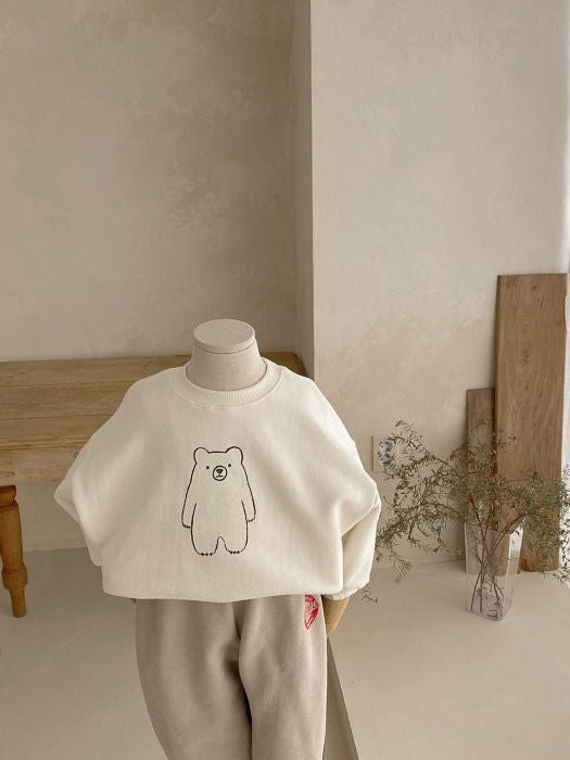 A stylish baby casual hoodie and trousers set in white and green, featuring cute animal and cartoon patterns, perfect for spring and autumn wear.