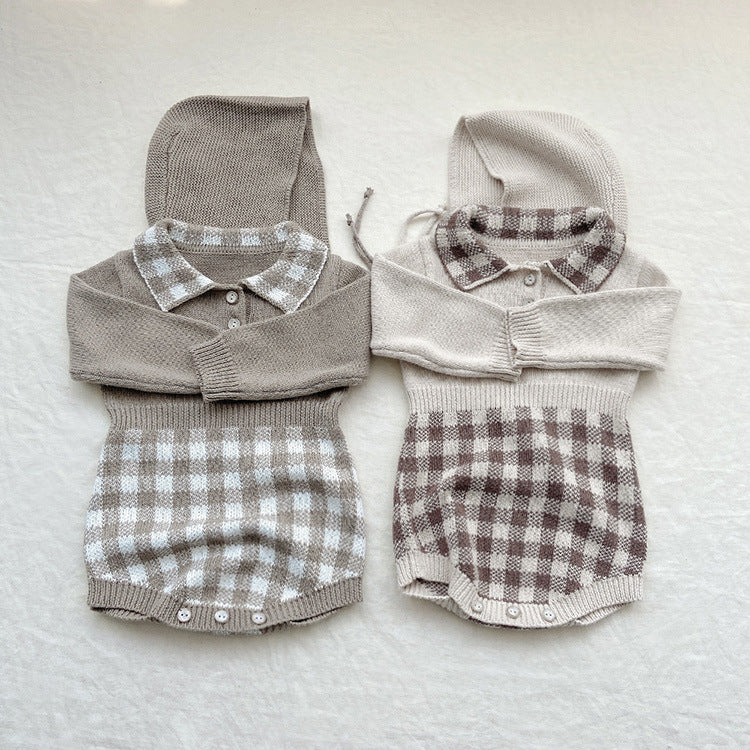 A cozy baby onesie featuring a stylish checkerboard pattern in apricot and brown, designed for warmth and comfort.