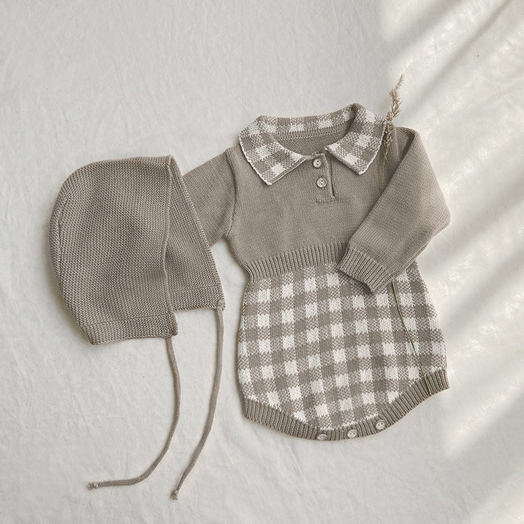 A cozy baby onesie featuring a stylish checkerboard pattern in apricot and brown, designed for warmth and comfort.