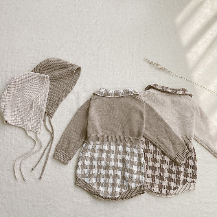 A cozy baby onesie featuring a stylish checkerboard pattern in apricot and brown, designed for warmth and comfort.