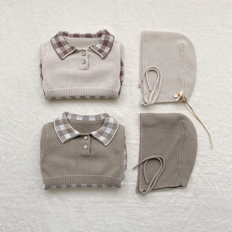A cozy baby onesie featuring a stylish checkerboard pattern in apricot and brown, designed for warmth and comfort.