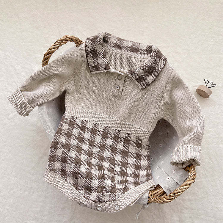 A cozy baby onesie featuring a stylish checkerboard pattern in apricot and brown, designed for warmth and comfort.
