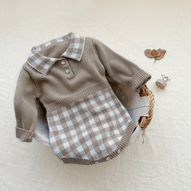A cozy baby onesie featuring a stylish checkerboard pattern in apricot and brown, designed for warmth and comfort.