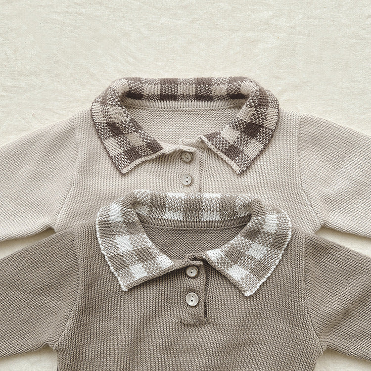 A cozy baby onesie featuring a stylish checkerboard pattern in apricot and brown, designed for warmth and comfort.