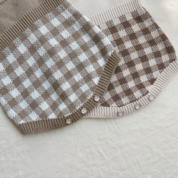 A cozy baby onesie featuring a stylish checkerboard pattern in apricot and brown, designed for warmth and comfort.