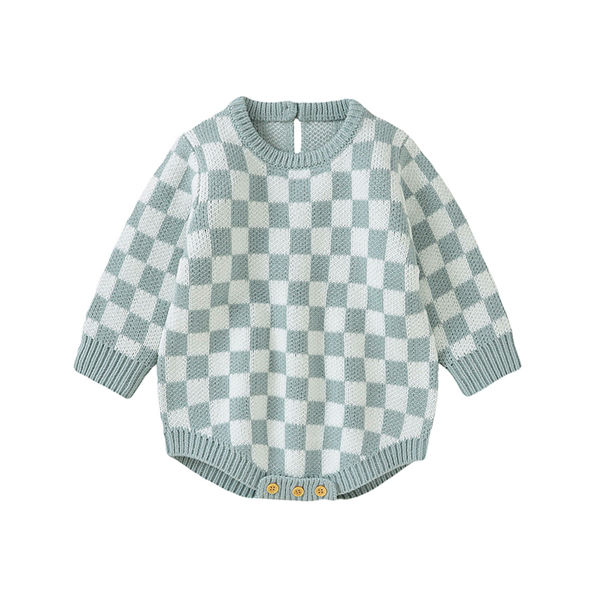 A stylish Baby Checkerboard Pattern Quality Knit Onesie in black, pink, and blue, showcasing its soft cotton fabric and trendy plaid design.