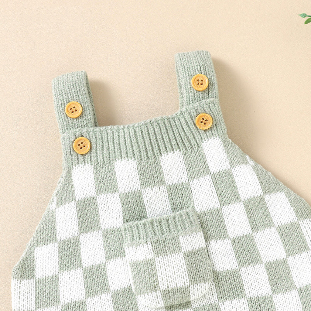 Baby Checkerboard Pattern Strap Design Knit Rompers in pink and green, perfect for spring and autumn wear.