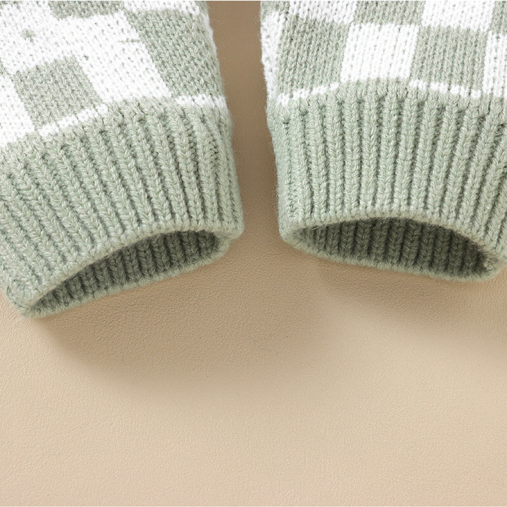 Baby Checkerboard Pattern Strap Design Knit Rompers in pink and green, perfect for spring and autumn wear.