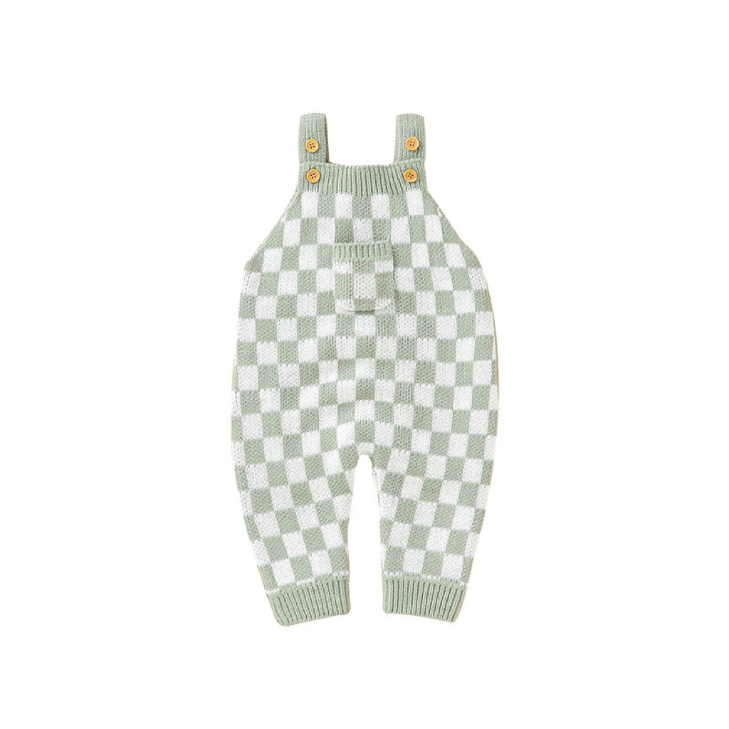 Baby Checkerboard Pattern Strap Design Knit Rompers in pink and green, perfect for spring and autumn wear.