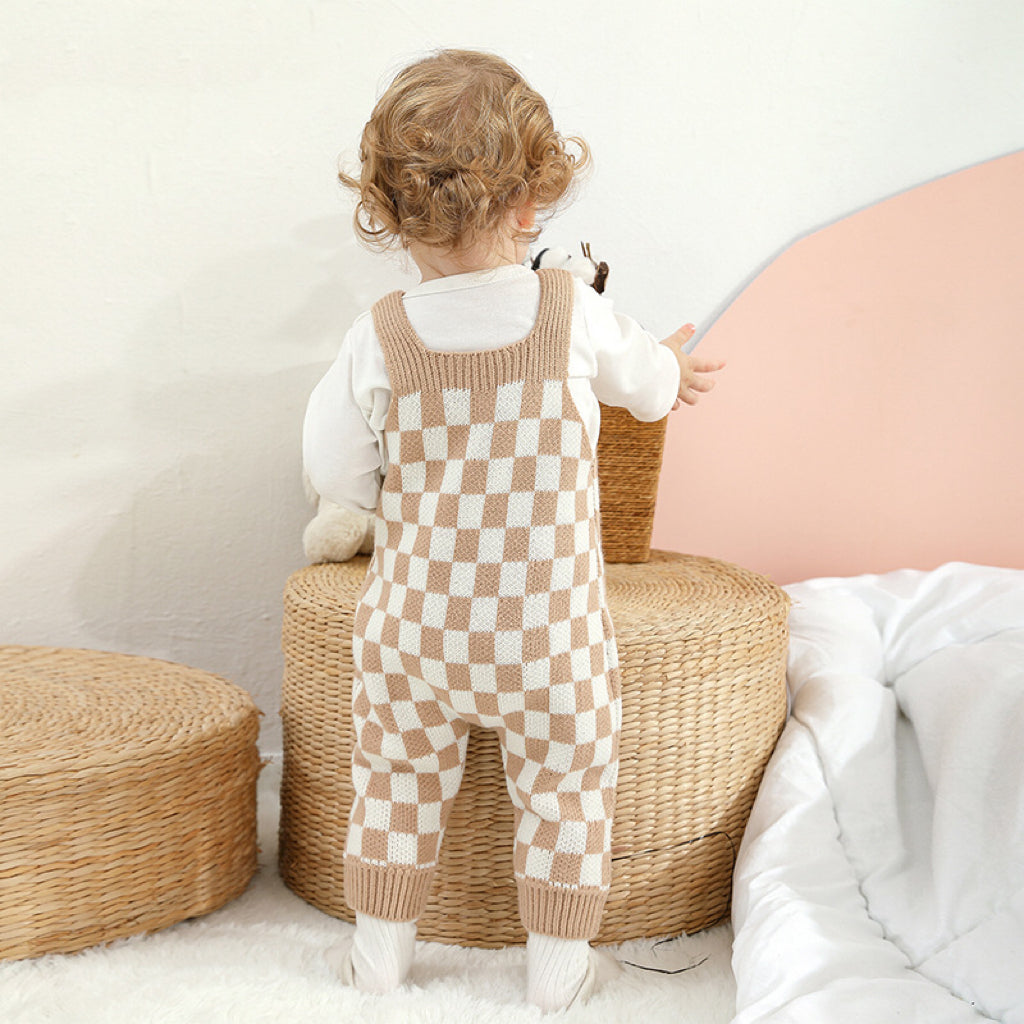 Baby Checkerboard Pattern Strap Design Knit Rompers in pink and green, perfect for spring and autumn wear.