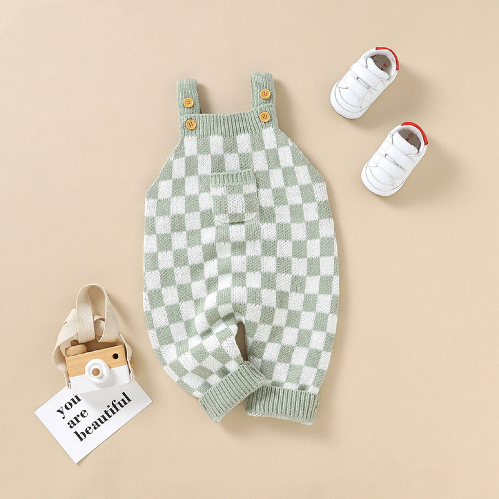 Baby Checkerboard Pattern Strap Design Knit Rompers in pink and green, perfect for spring and autumn wear.