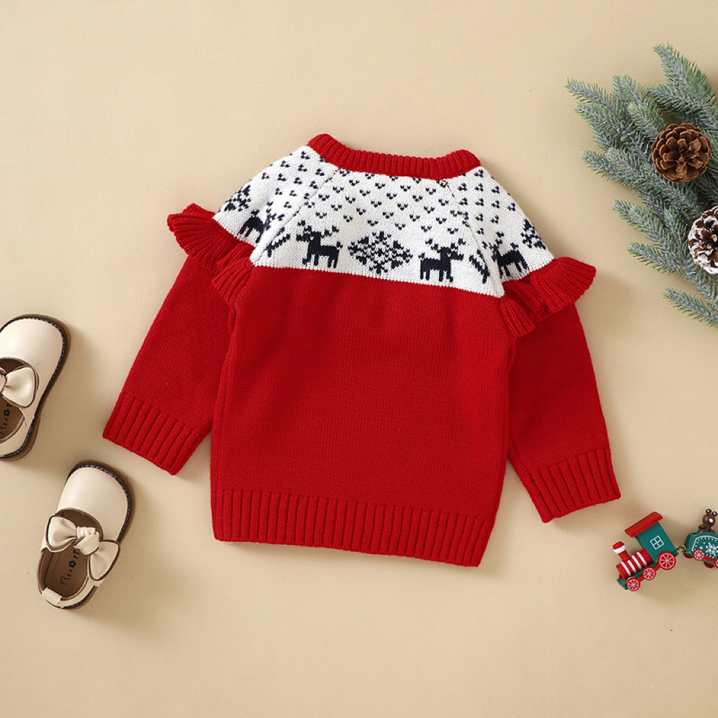 A cozy red pullover sweater for babies featuring an embroidered elk pattern, perfect for Christmas celebrations.