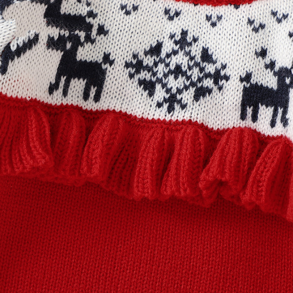 A cozy red pullover sweater for babies featuring an embroidered elk pattern, perfect for Christmas celebrations.