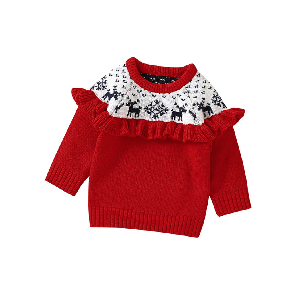 A cozy red pullover sweater for babies featuring an embroidered elk pattern, perfect for Christmas celebrations.