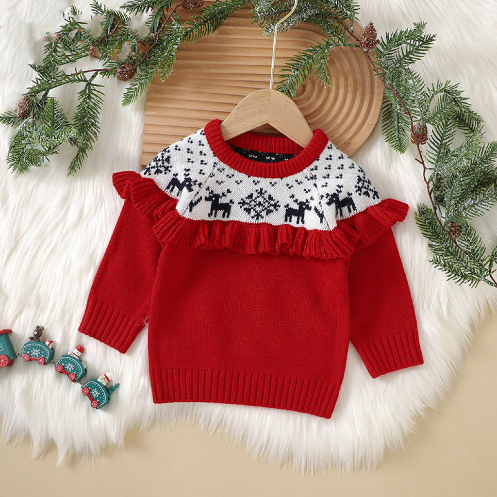 A cozy red pullover sweater for babies featuring an embroidered elk pattern, perfect for Christmas celebrations.