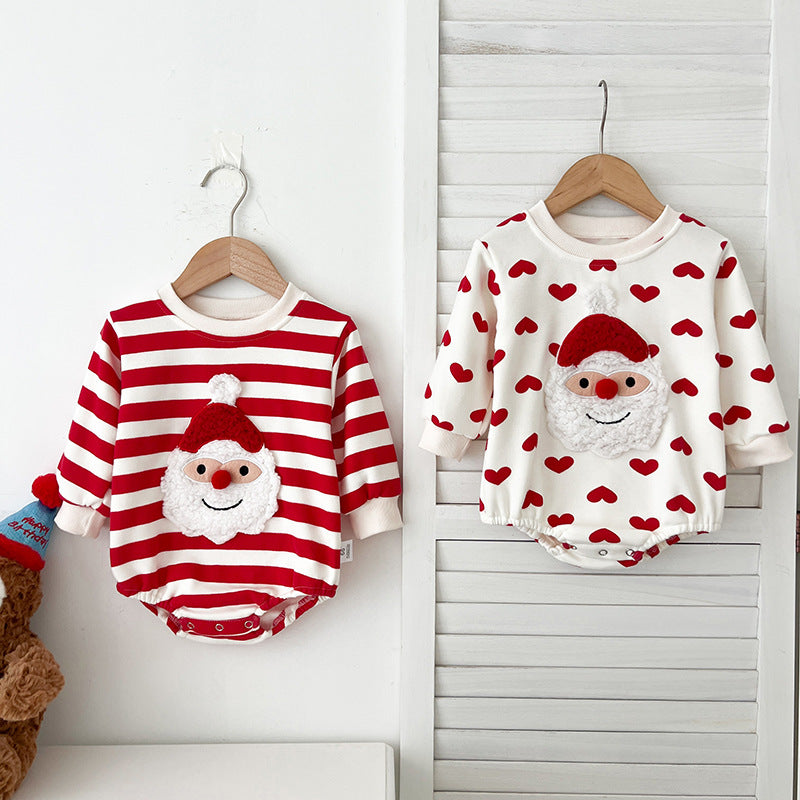 Baby Christmas outfit featuring Santa Claus pattern and heart print, designed for infants with long sleeves in white and red colors.
