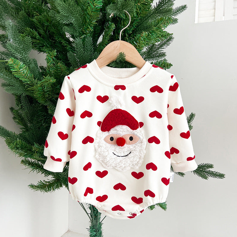 Baby Christmas outfit featuring Santa Claus pattern and heart print, designed for infants with long sleeves in white and red colors.
