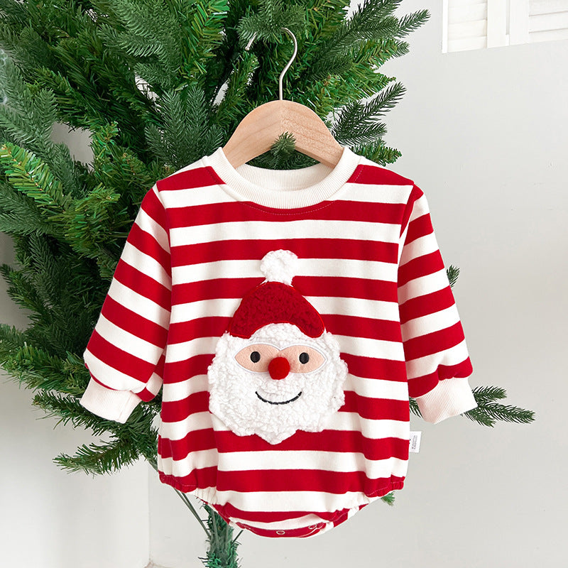 Baby Christmas outfit featuring Santa Claus pattern and heart print, designed for infants with long sleeves in white and red colors.