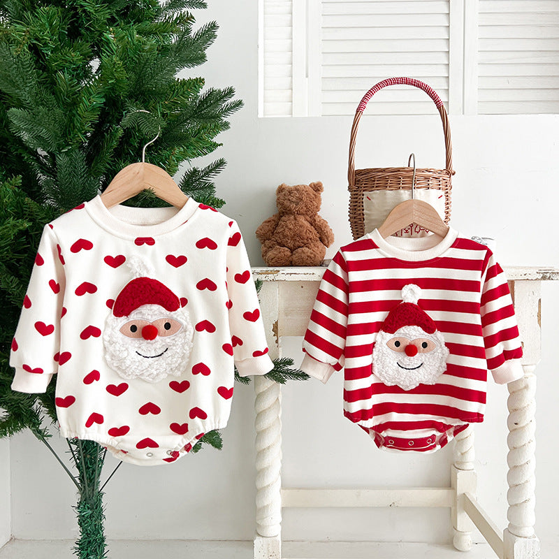 Baby Christmas outfit featuring Santa Claus pattern and heart print, designed for infants with long sleeves in white and red colors.