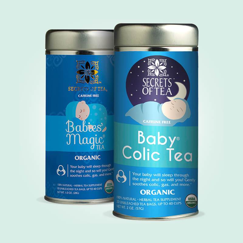 A pack of Baby Colic & Babies' Magic Tea, featuring organic ingredients designed to soothe digestive issues in infants.