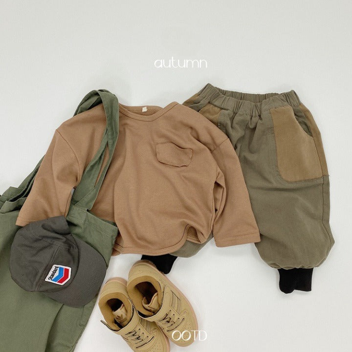 Baby Color Matching Pattern Lantern Trousers in green and coffee colors, featuring a stylish patchwork design suitable for both boys and girls.