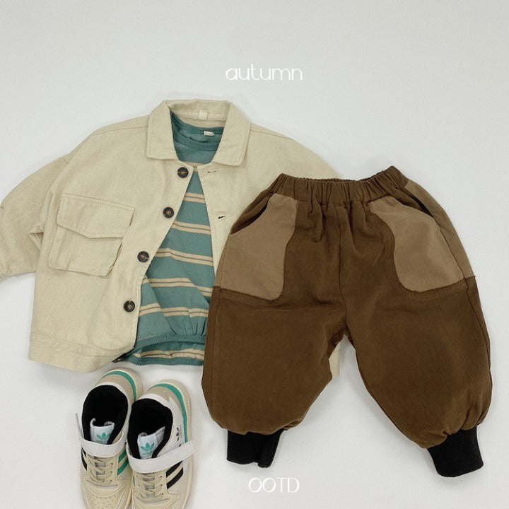 Baby Color Matching Pattern Lantern Trousers in green and coffee colors, featuring a stylish patchwork design suitable for both boys and girls.