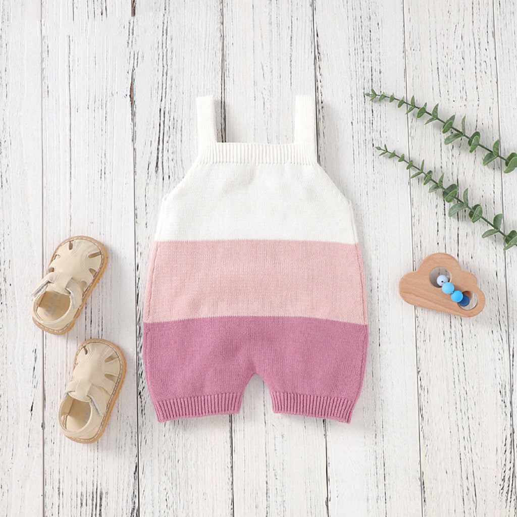 Baby Colorblock Pattern Sling Knitwear Summer Romper in pink and blue, showcasing a stylish patchwork design for infants.