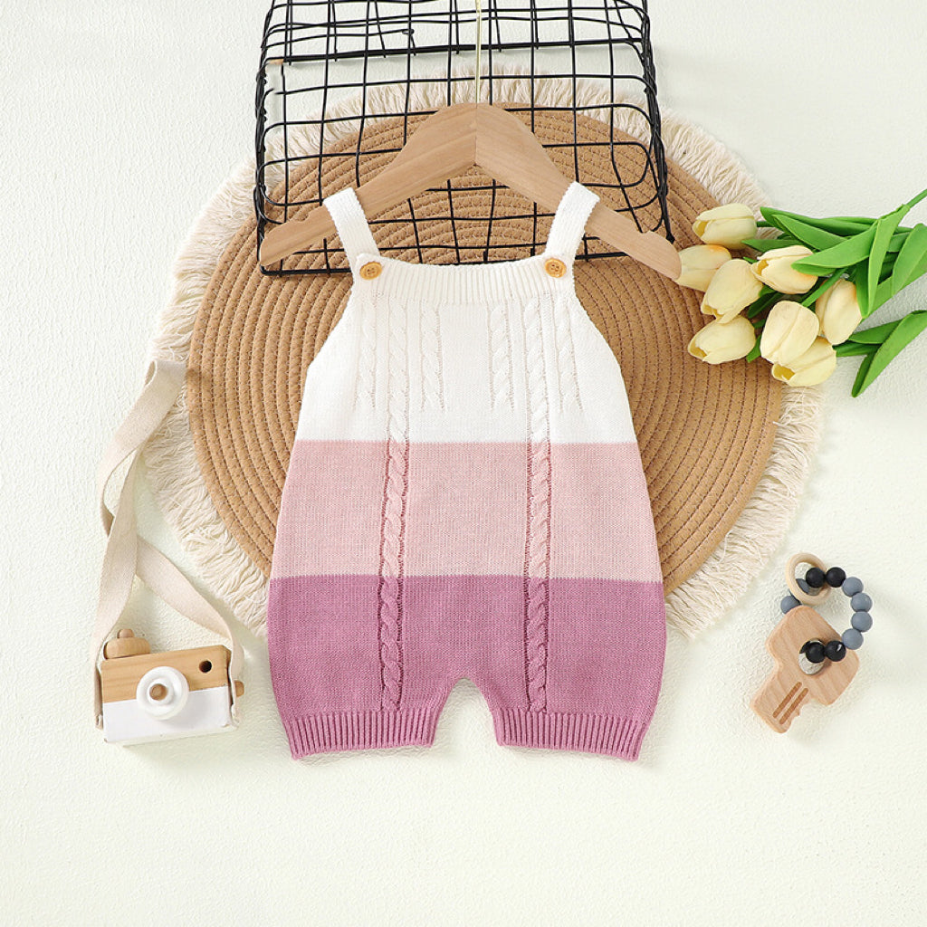 Baby Colorblock Pattern Sling Knitwear Summer Romper in pink and blue, showcasing a stylish patchwork design for infants.