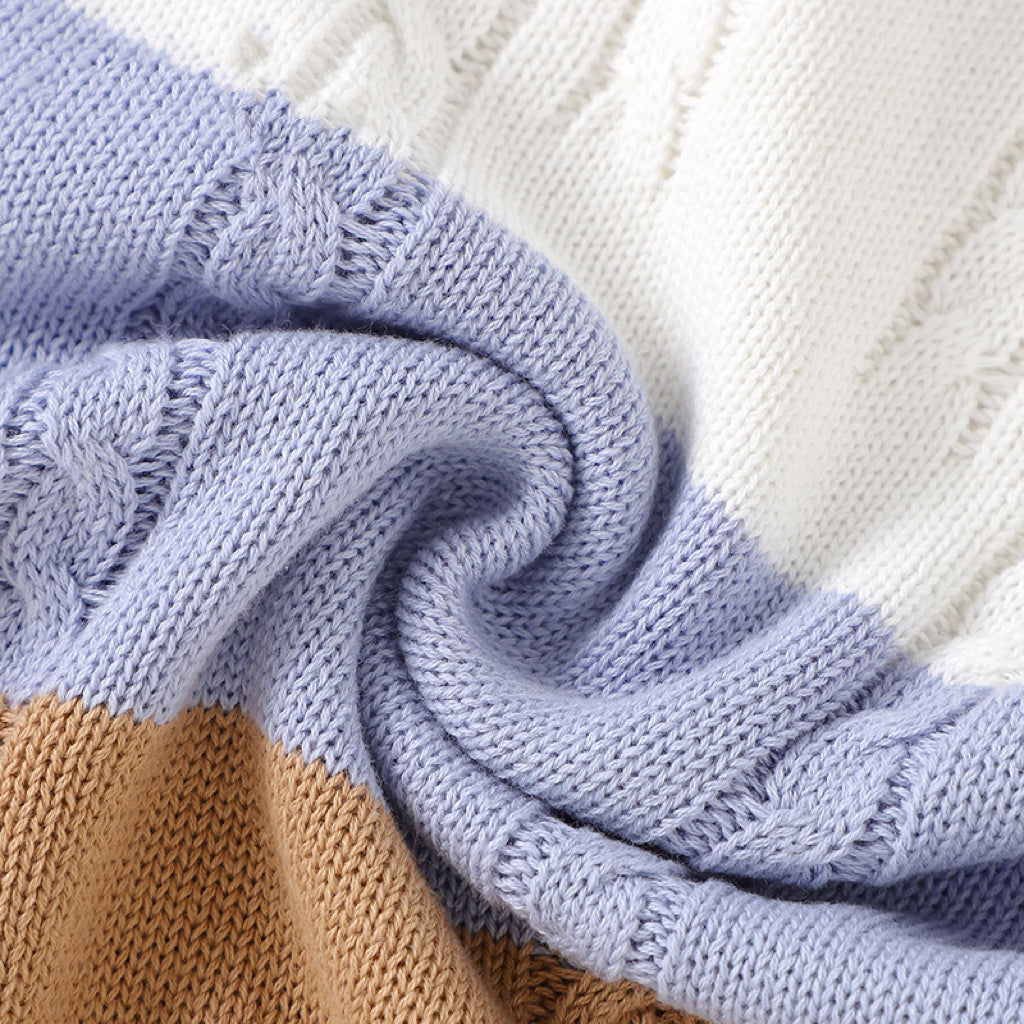 Baby Colorblock Pattern Sling Knitwear Summer Romper in pink and blue, showcasing a stylish patchwork design for infants.