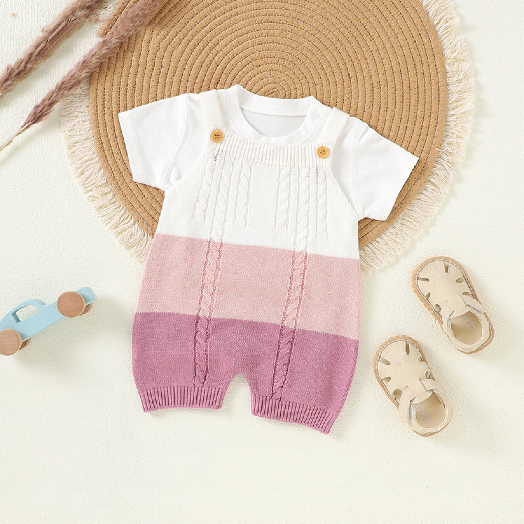 Baby Colorblock Pattern Sling Knitwear Summer Romper in pink and blue, showcasing a stylish patchwork design for infants.