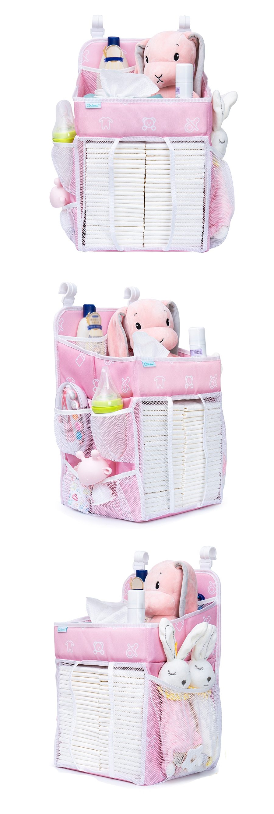 Baby Crib Hanging Storage Bag in cartoon pattern, designed for organizing diapers and baby essentials.