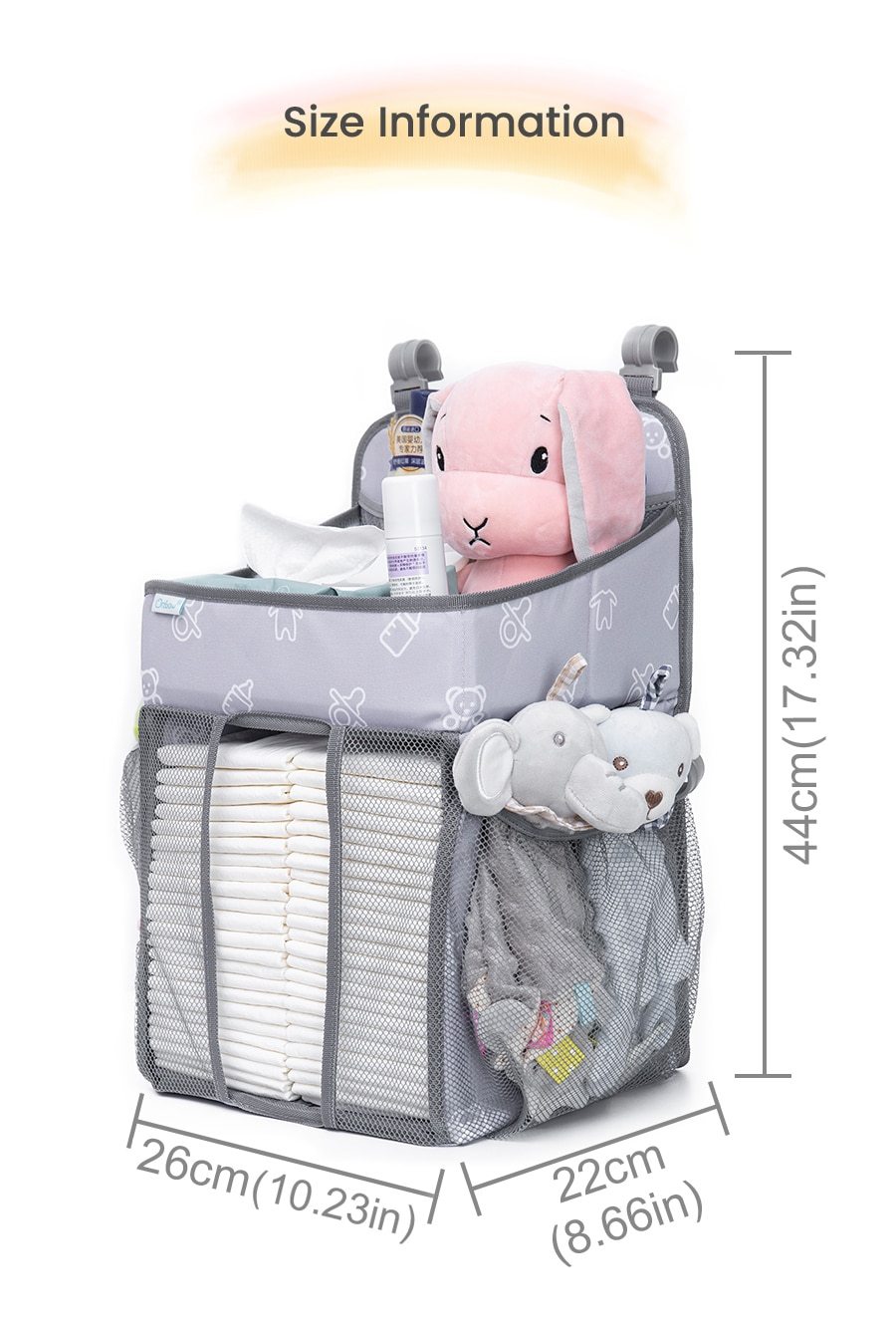 Baby Crib Hanging Storage Bag in cartoon pattern, designed for organizing diapers and baby essentials.