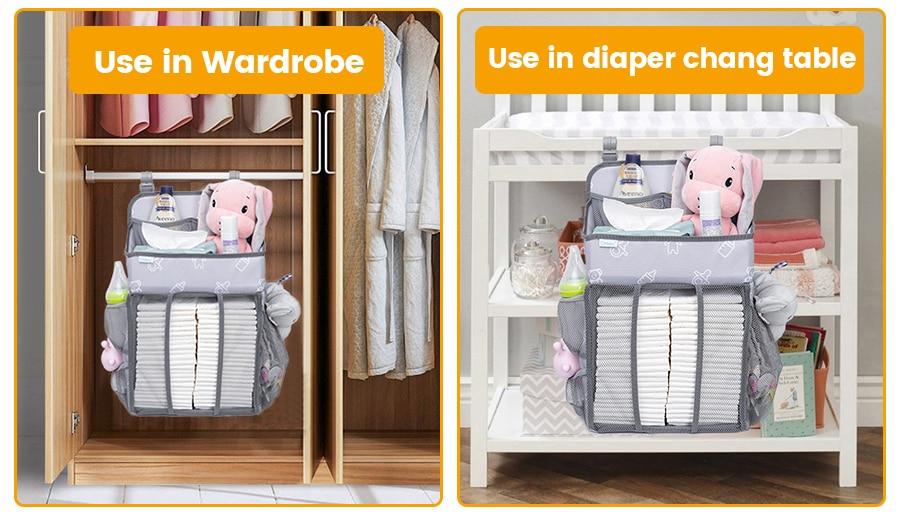 Baby Crib Hanging Storage Bag in cartoon pattern, designed for organizing diapers and baby essentials.