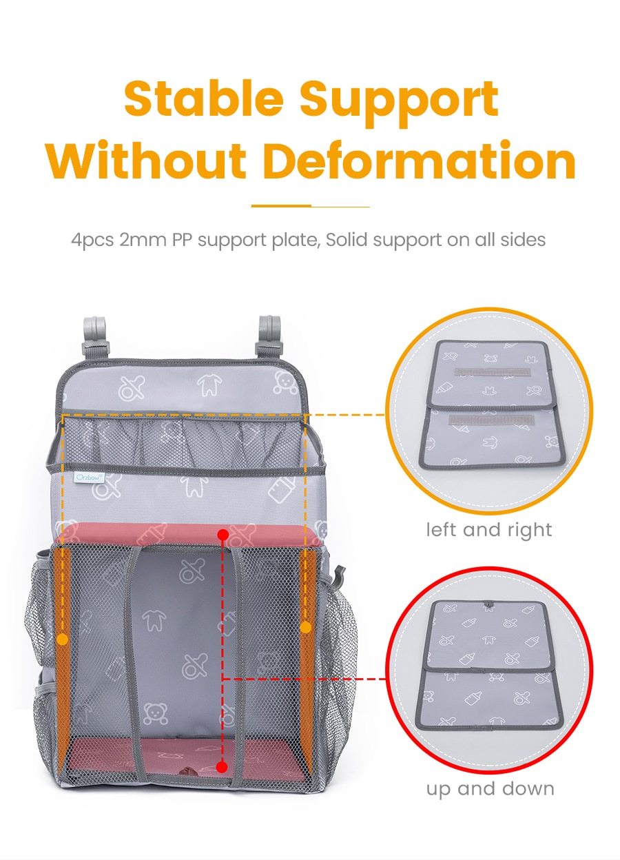 Baby Crib Hanging Storage Bag in cartoon pattern, designed for organizing diapers and baby essentials.