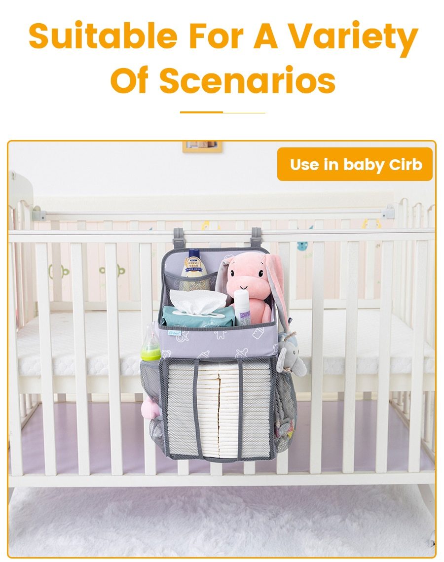 Baby Crib Hanging Storage Bag in cartoon pattern, designed for organizing diapers and baby essentials.